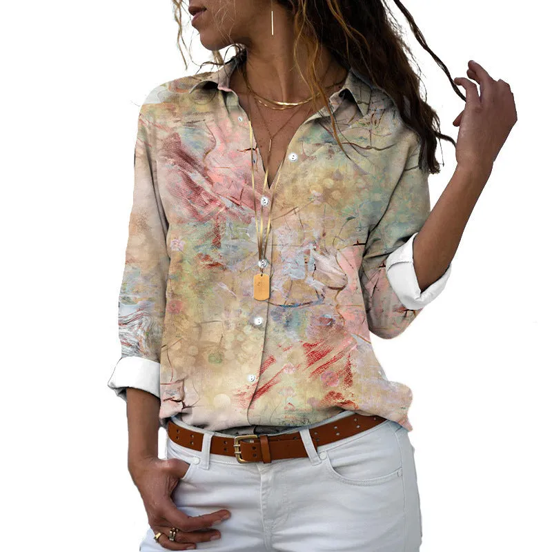 Flower 3D Digital Printing Long Sleeve Lapel Shirt