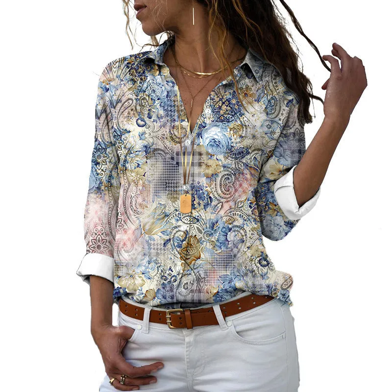 Flower 3D Digital Printing Long Sleeve Lapel Shirt