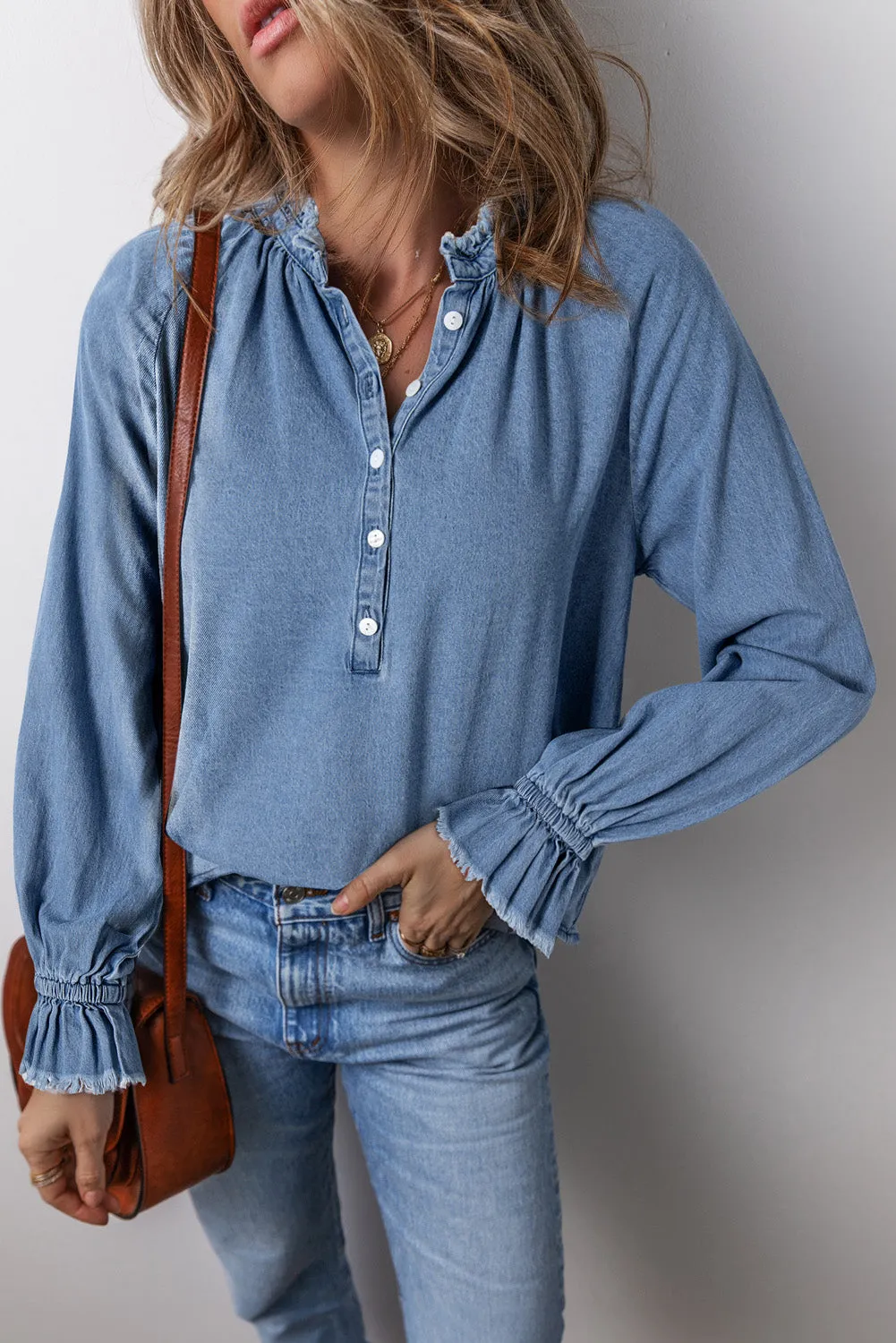 Frilled Raw Buttoned Denim Top