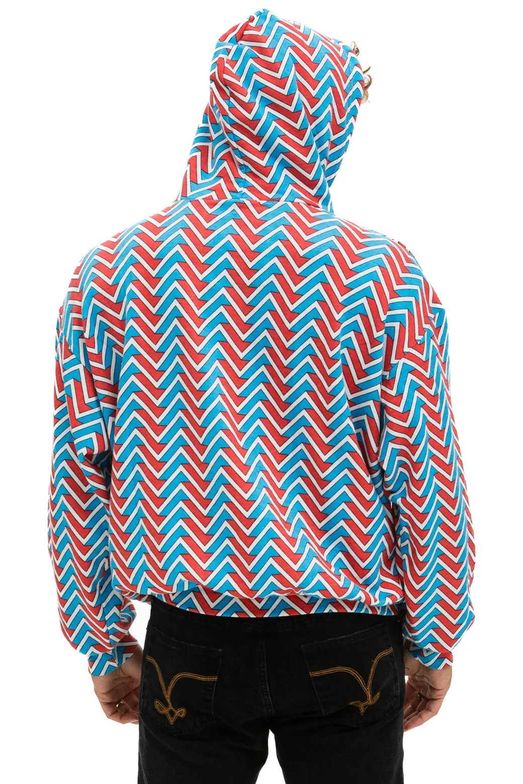 GEO ZIG BOLT EMBROIDERY RELAXED PULLOVER HOODIE - RED // BLUE