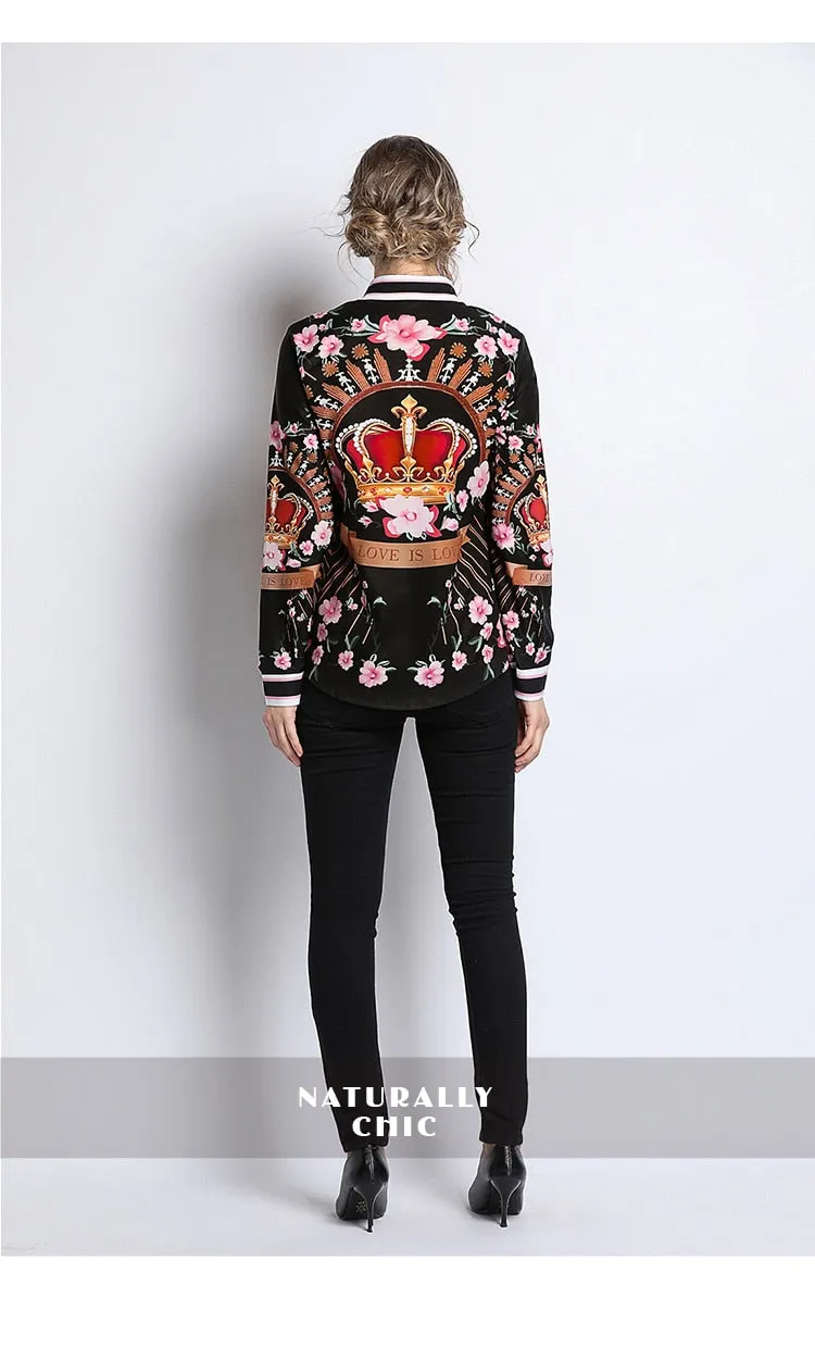 Glamour Style Runway Designer  Blouses  Designer Fashion  Women's Long Sleeve Vintage Chiffon Flower Crown Print Shirt Fashion Tops, Plus sizes Also Available