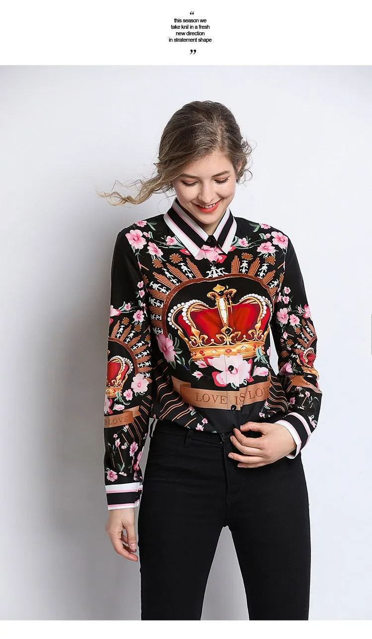 Glamour Style Runway Designer  Blouses  Designer Fashion  Women's Long Sleeve Vintage Chiffon Flower Crown Print Shirt Fashion Tops, Plus sizes Also Available