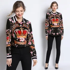 Glamour Style Runway Designer  Blouses  Designer Fashion  Women's Long Sleeve Vintage Chiffon Flower Crown Print Shirt Fashion Tops, Plus sizes Also Available