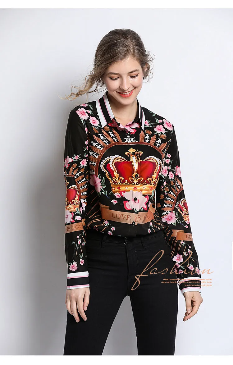 Glamour Style Runway Designer  Blouses  Designer Fashion  Women's Long Sleeve Vintage Chiffon Flower Crown Print Shirt Fashion Tops, Plus sizes Also Available