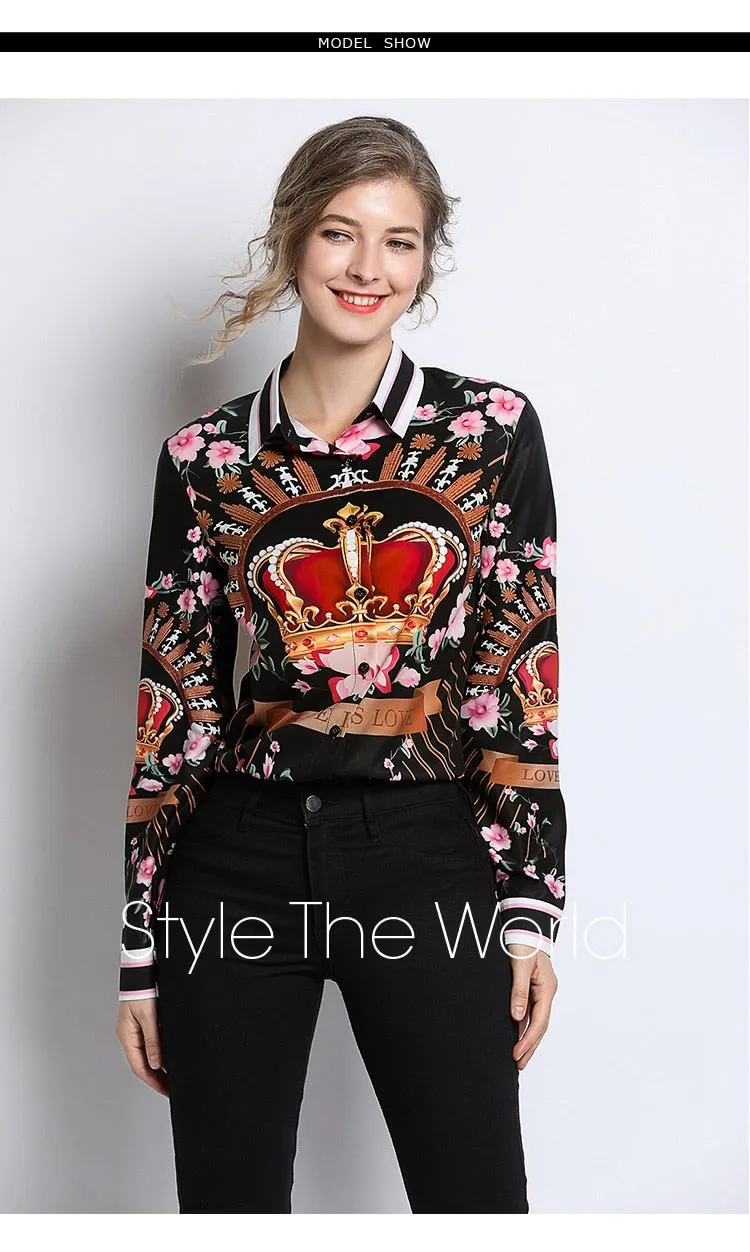 Glamour Style Runway Designer  Blouses  Designer Fashion  Women's Long Sleeve Vintage Chiffon Flower Crown Print Shirt Fashion Tops, Plus sizes Also Available