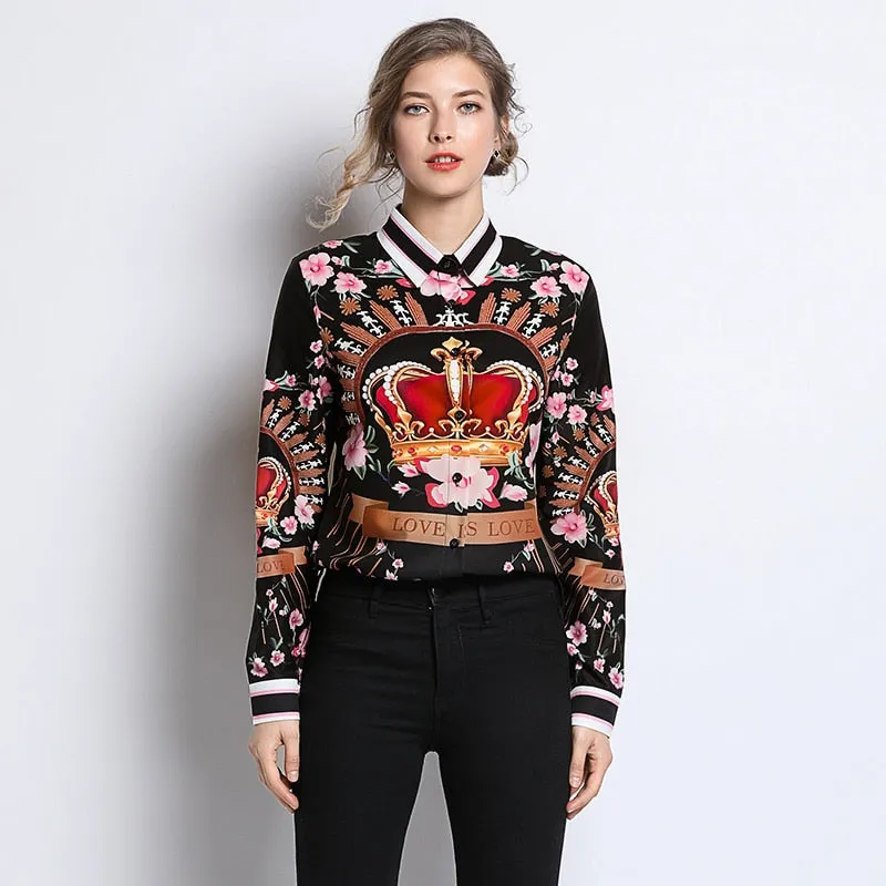 Glamour Style Runway Designer  Blouses  Designer Fashion  Women's Long Sleeve Vintage Chiffon Flower Crown Print Shirt Fashion Tops, Plus sizes Also Available