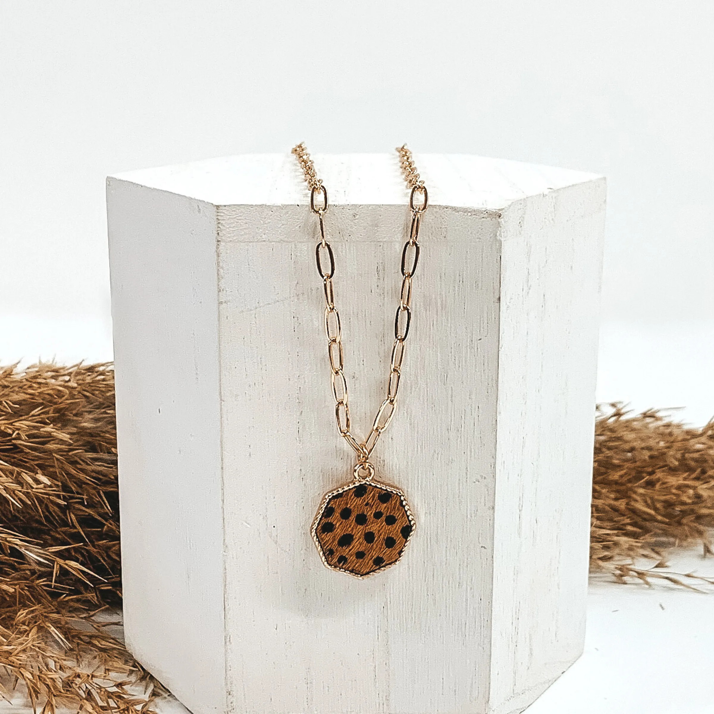 Gold Paperclip Chain Necklace with Octagon Pendant in Brown Dotted Print