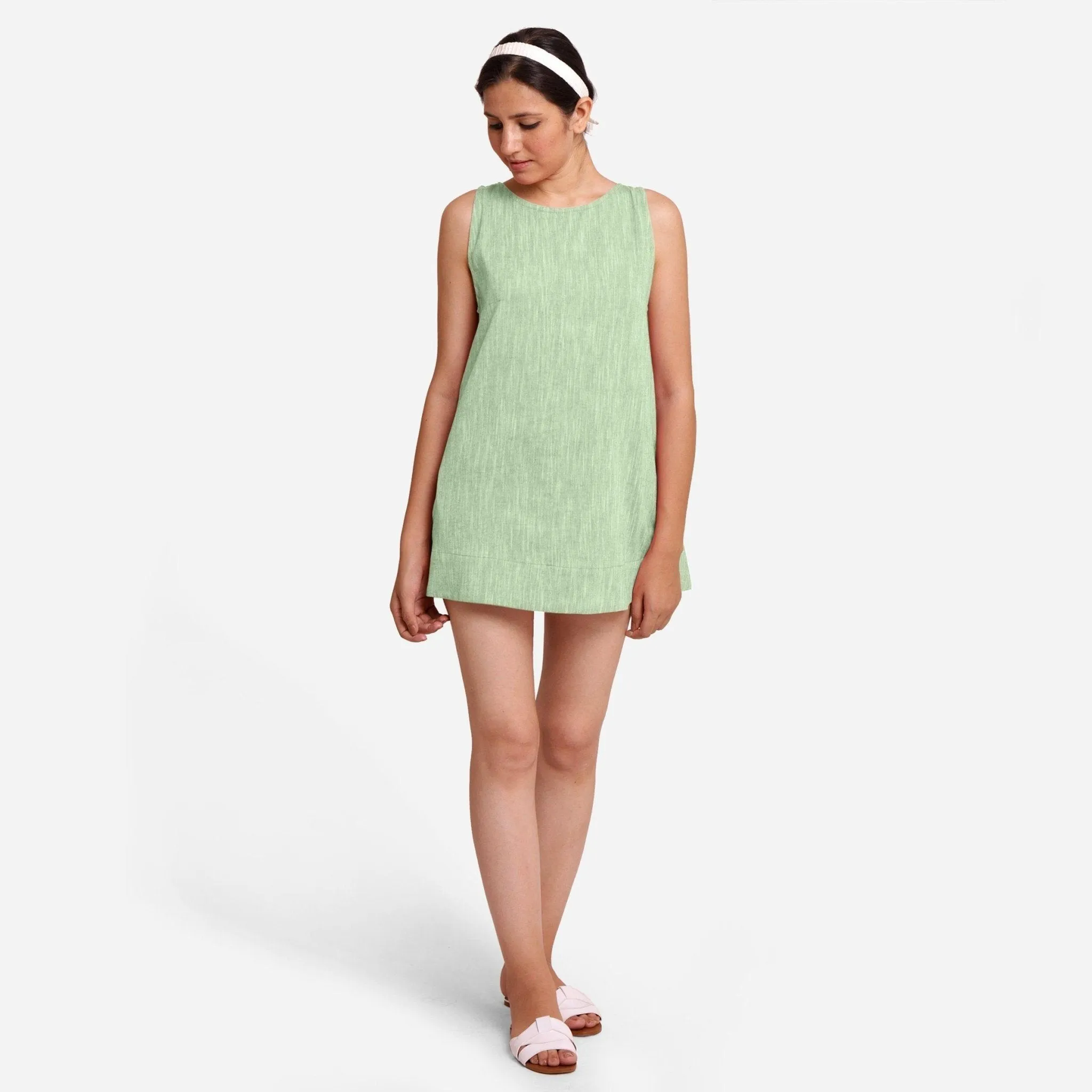 Green 100% Cotton Sleeveless Mini Tunic Dress