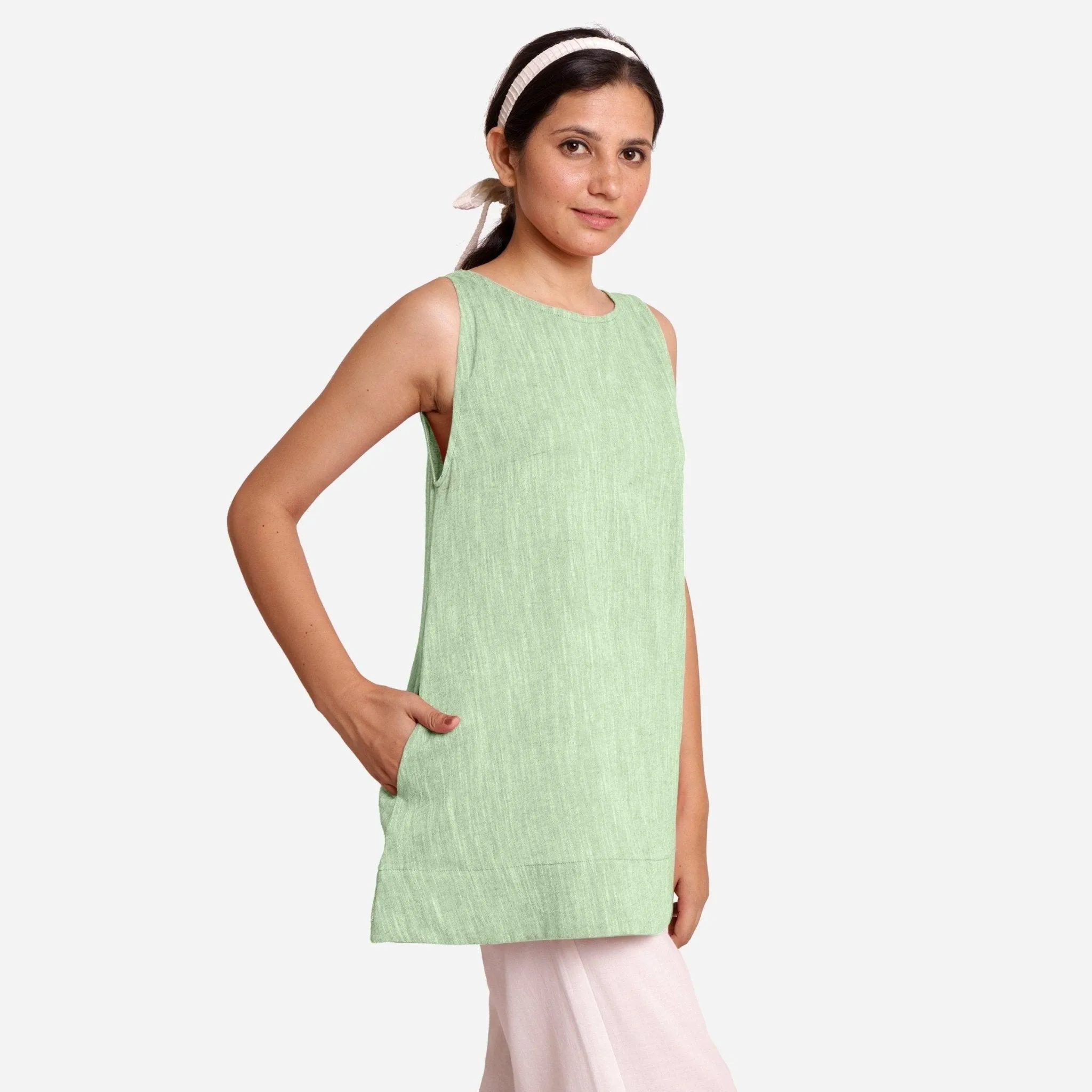 Green 100% Cotton Sleeveless Mini Tunic Dress