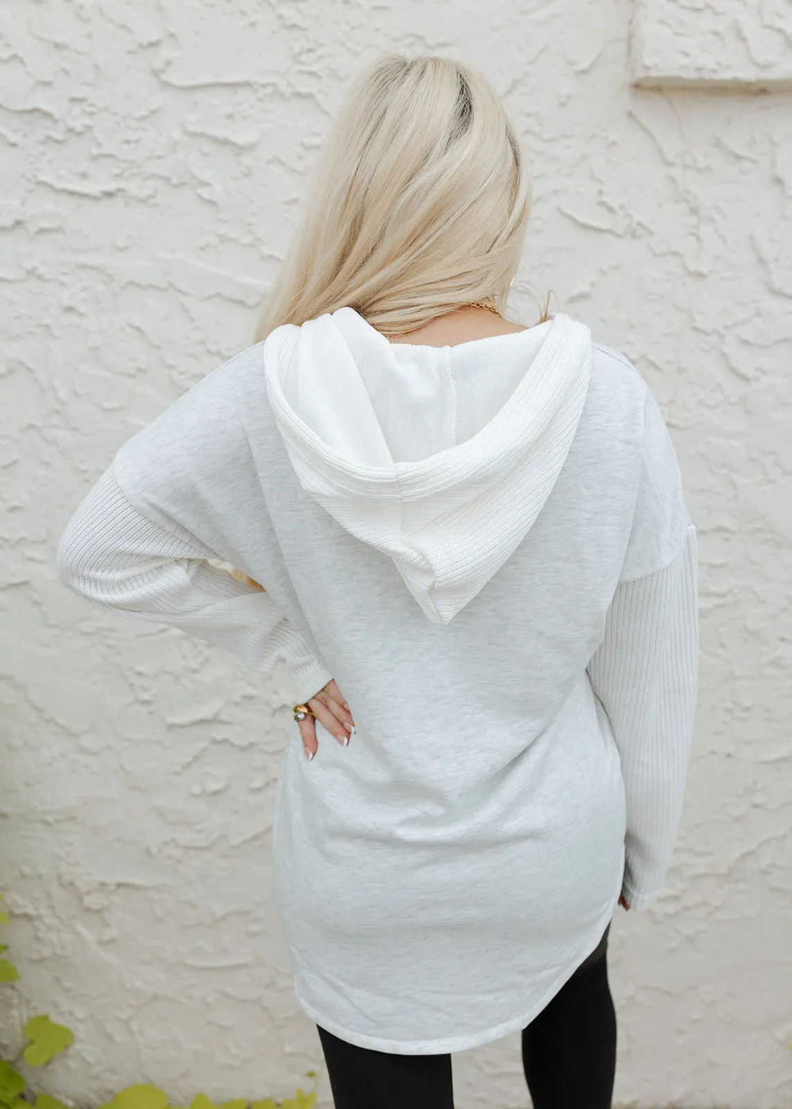 Grey Button & Hoodie Knit Pullover Top