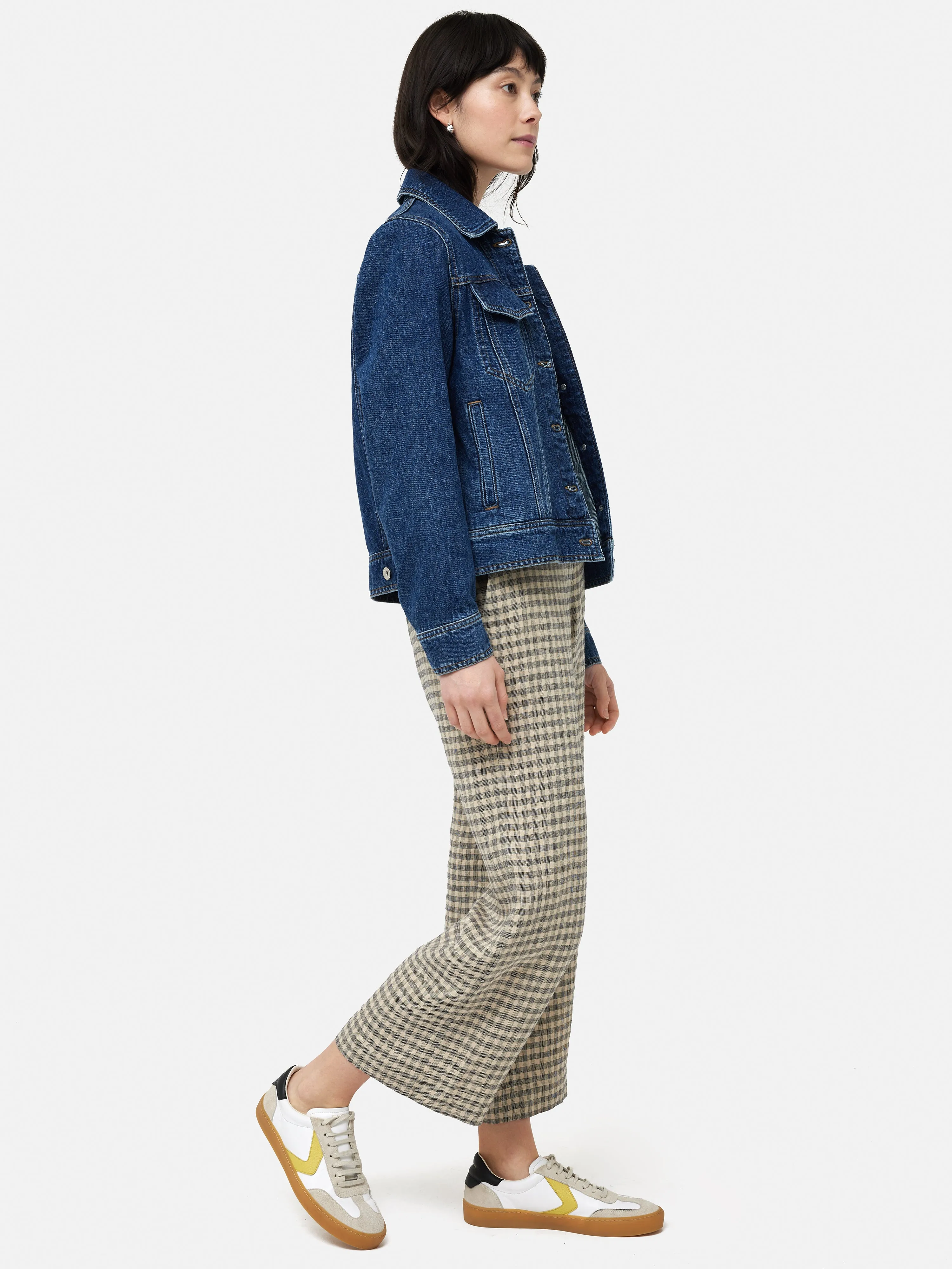 Linen Check Palazzo Trouser | Beige