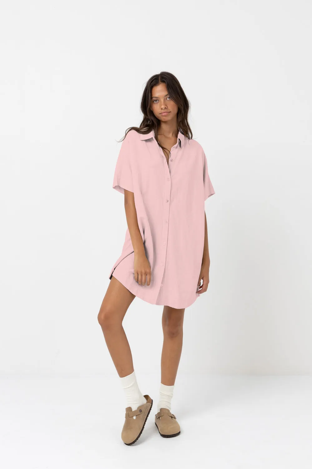 Linen Mini Button Up Shirt Dress Rose