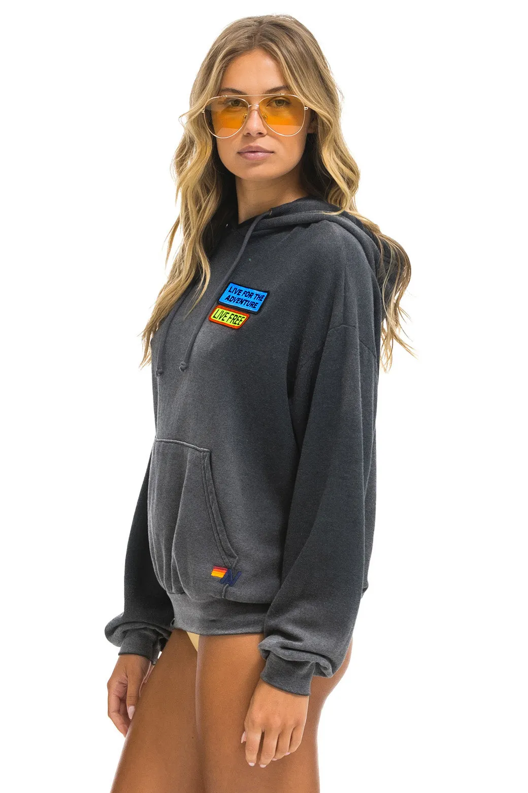 LIVE FREE   ADVENTURE PATCH PULLOVER RELAXED HOODIE - FADED SMOKE