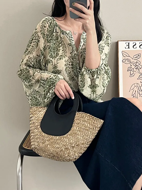 Loose Printed Sun Protection Balloon Sleeves V-Neck Blouses