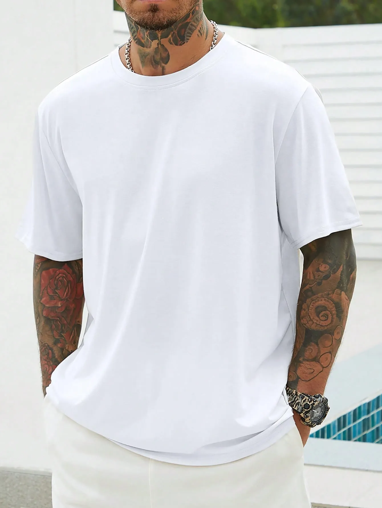 Men's Casual Solid Round Neck Tee - High Stretch, Short Sleeve, Regular Fit