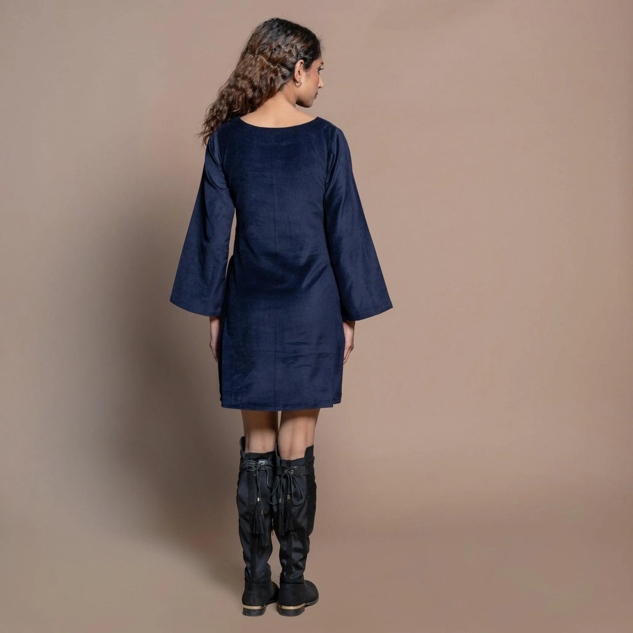 Navy Blue Cotton Velvet Boat Neck Sheath Short Dress