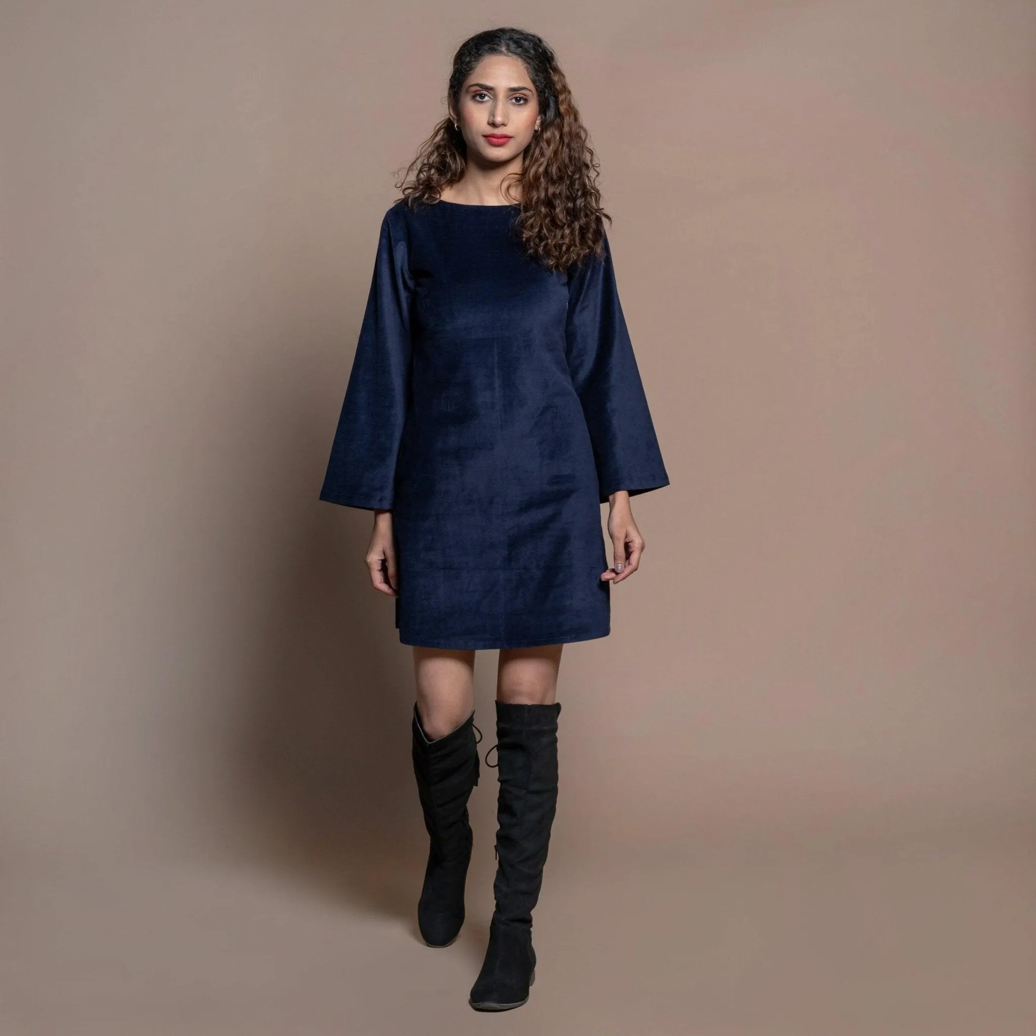 Navy Blue Cotton Velvet Boat Neck Sheath Short Dress