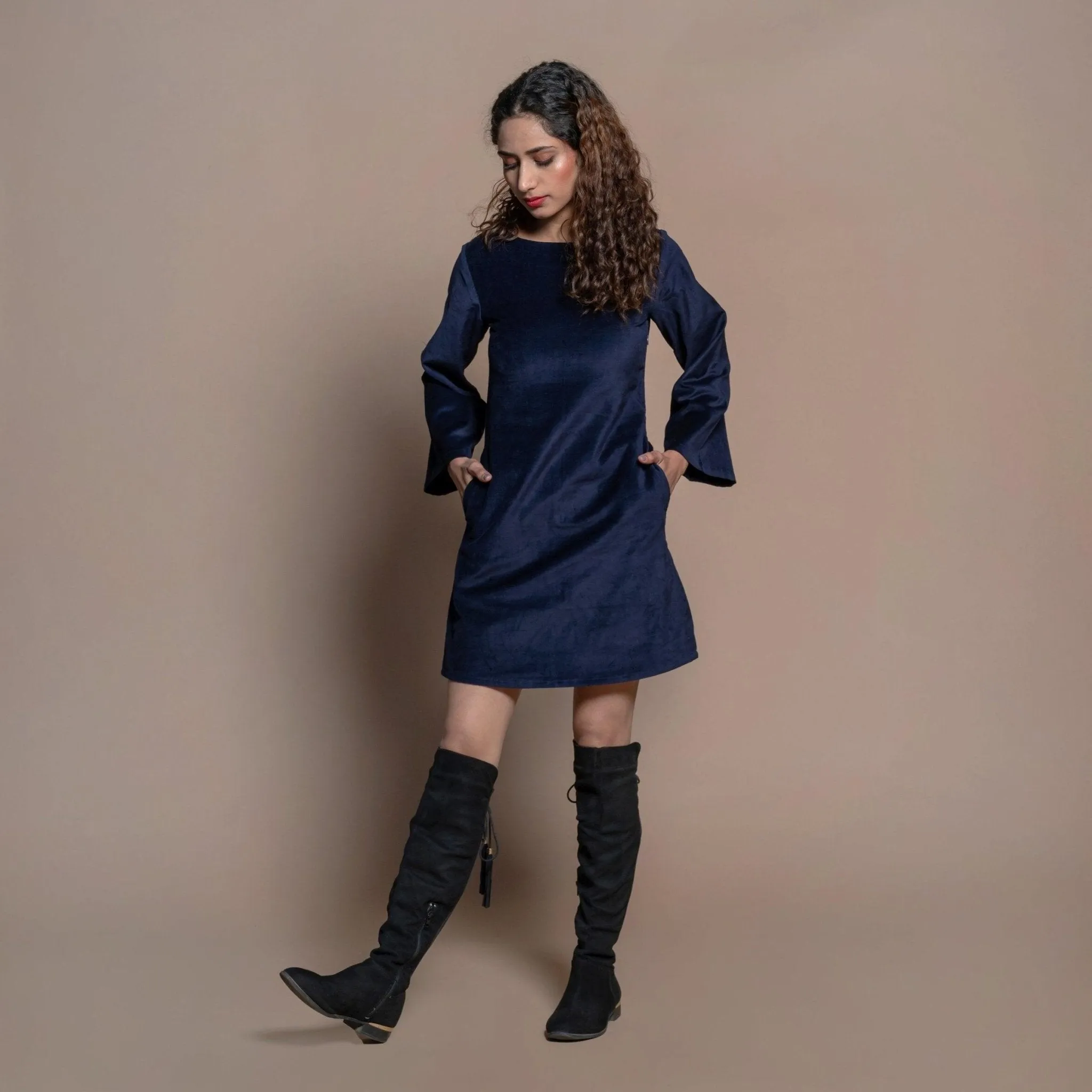 Navy Blue Cotton Velvet Boat Neck Sheath Short Dress