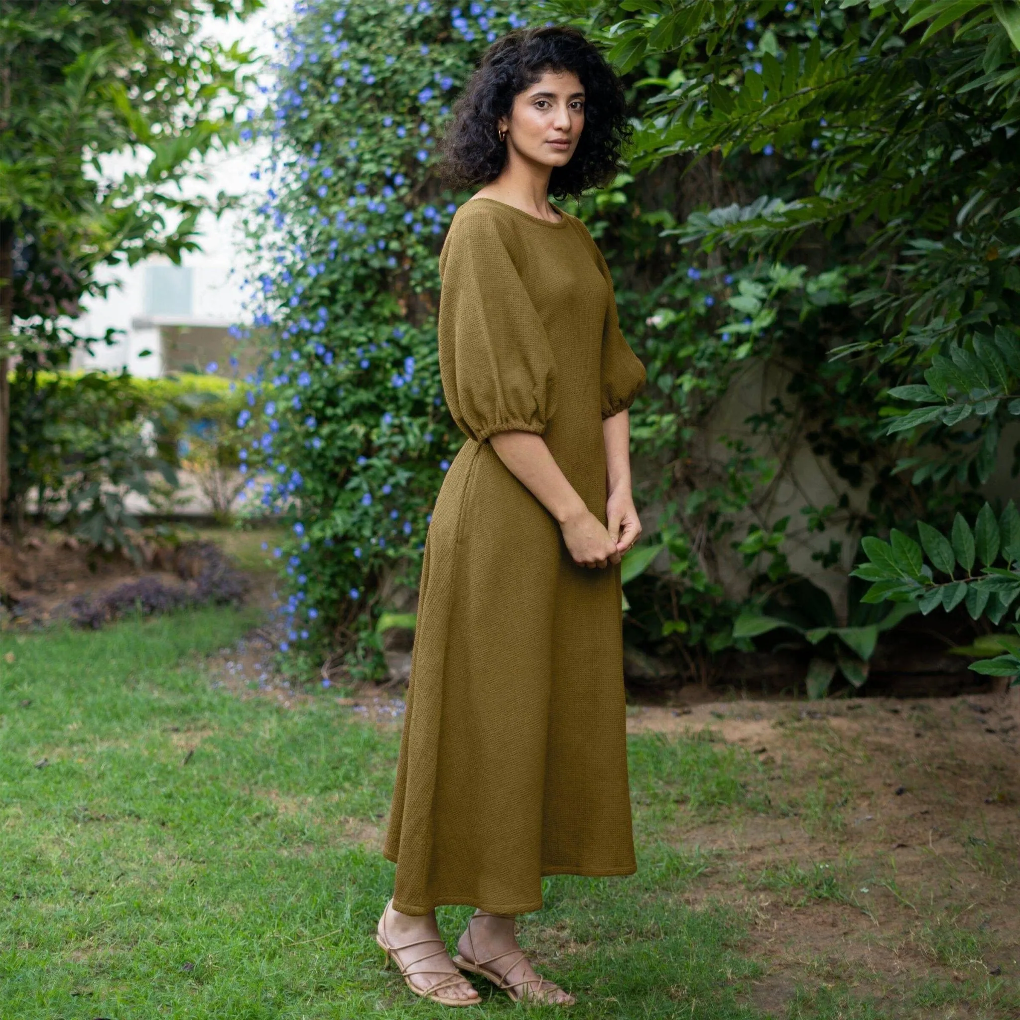 Olive Green Warm Cotton Waffle Fit and Flare Maxi Dress