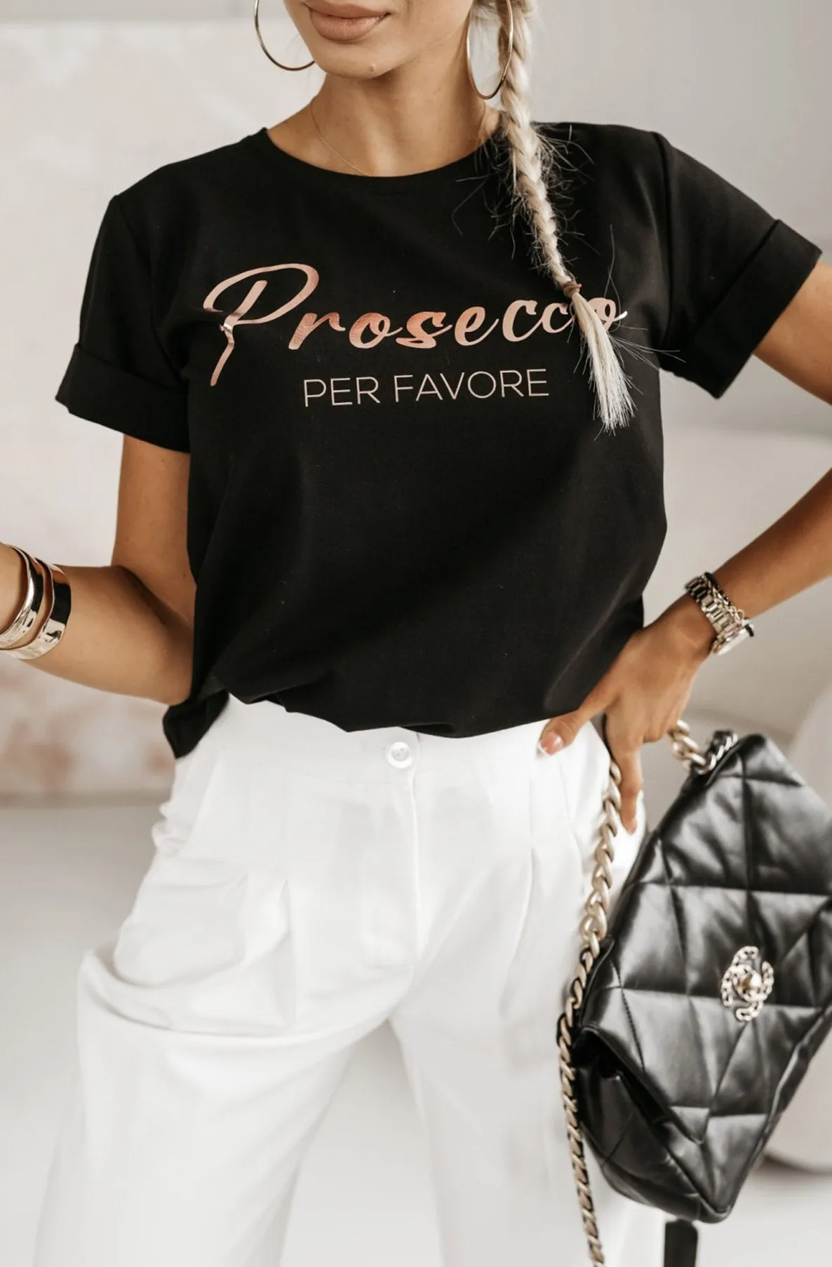 'Prosecco Per Favore' Graphic Printed T. Shirt Top-Black