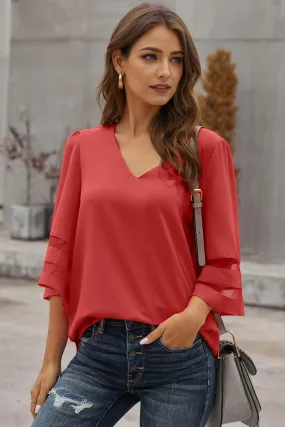 Red Flare Sleeve V Neck Loose Women's Chiffon Blouse