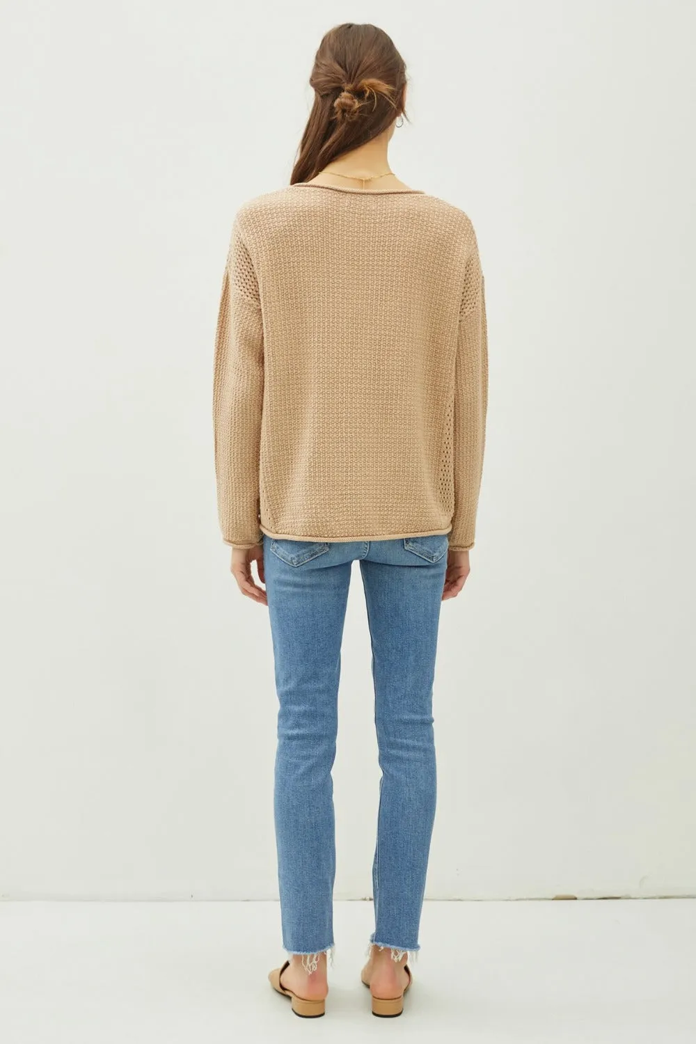 Rolled Openwork Round Neck Sweater