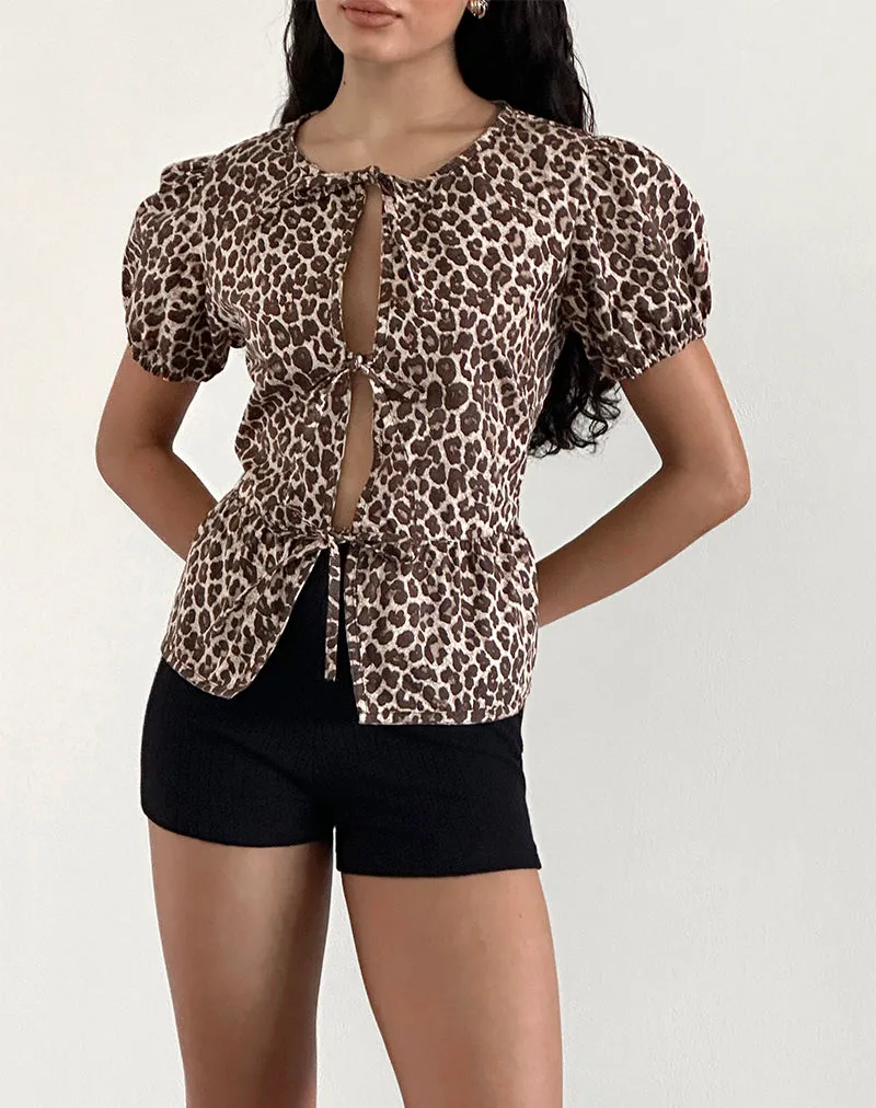 Ryota Tie Front Blouse in Leopard Sandstorm