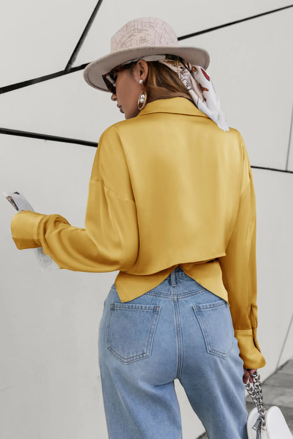 Satin Bishop Sleeve Cropped Wrap Top