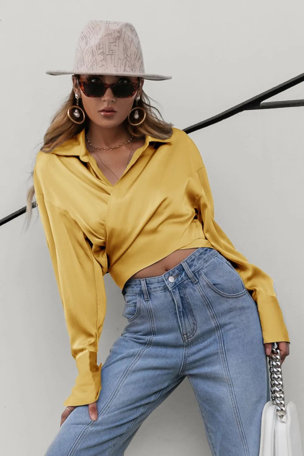 Satin Bishop Sleeve Cropped Wrap Top