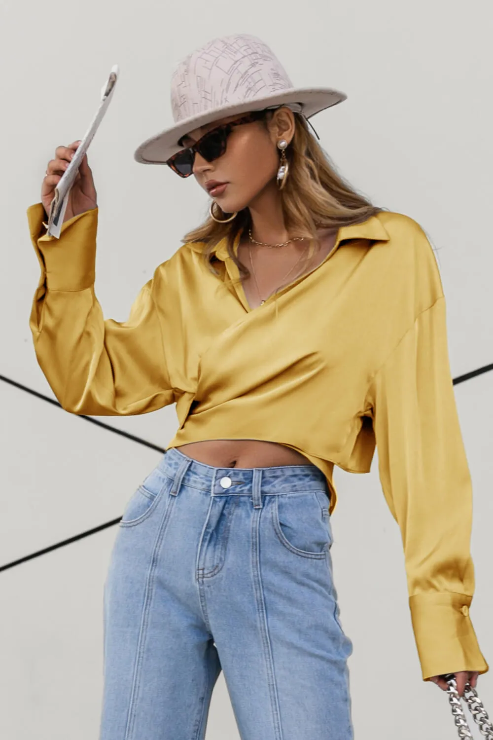 Satin Bishop Sleeve Cropped Wrap Top