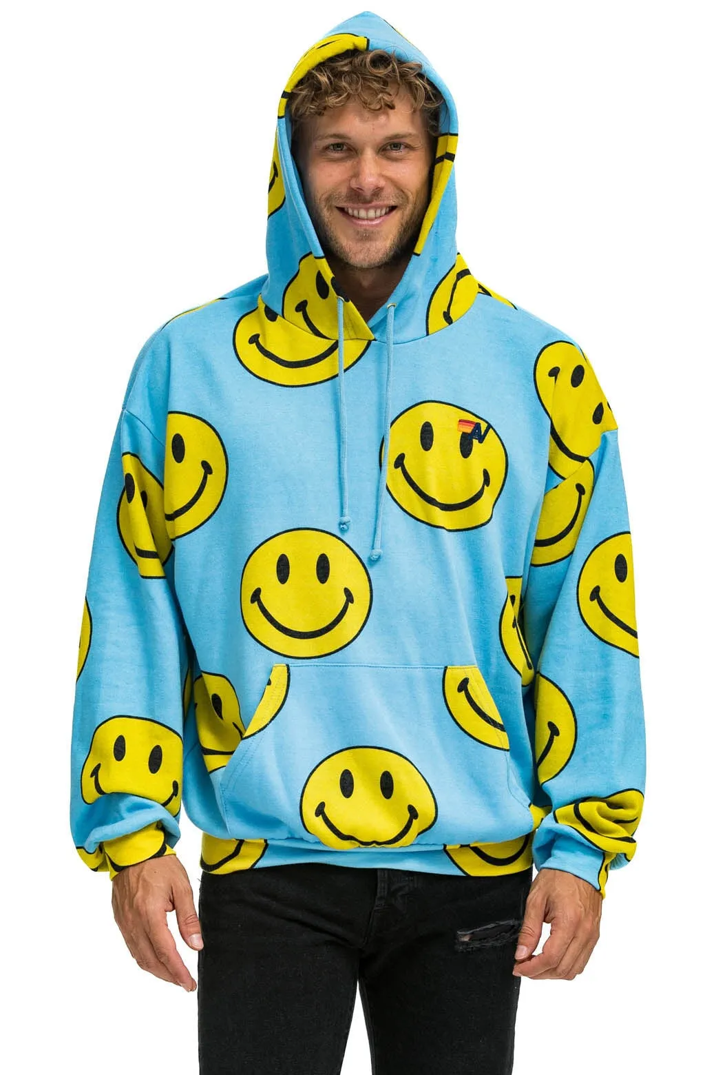 SMILEY REPEAT RELAXED PULLOVER HOODIE - SKY