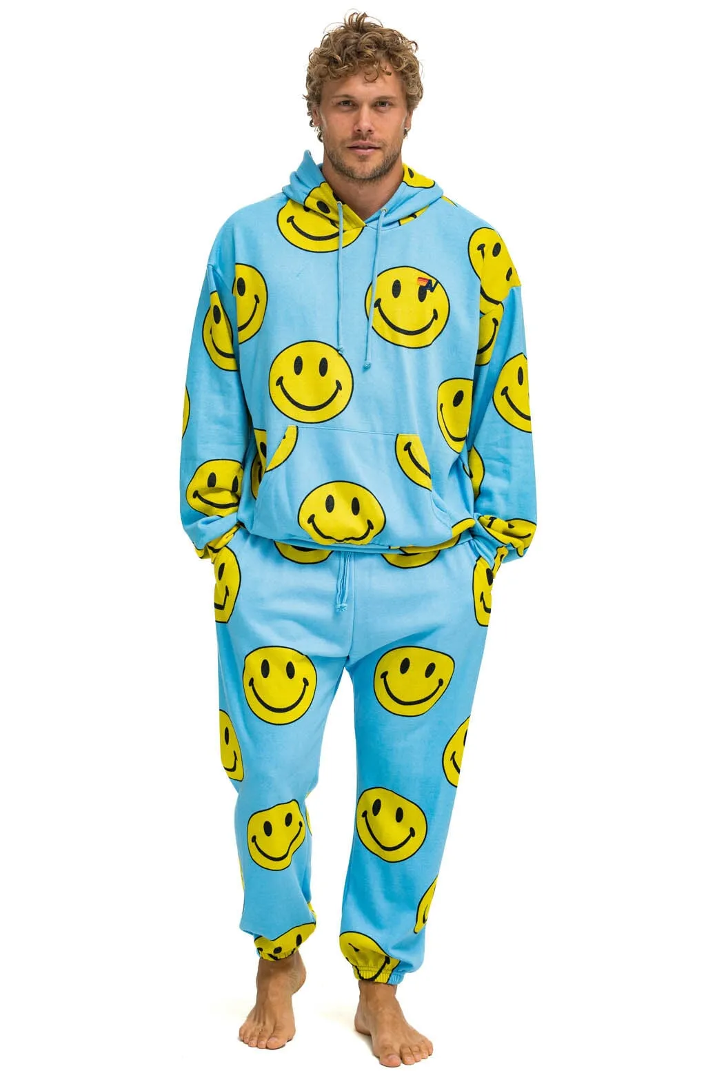 SMILEY REPEAT RELAXED PULLOVER HOODIE - SKY