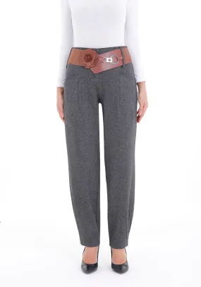 Tapered Herringbone Patterned Pants with Leather Floral Belt