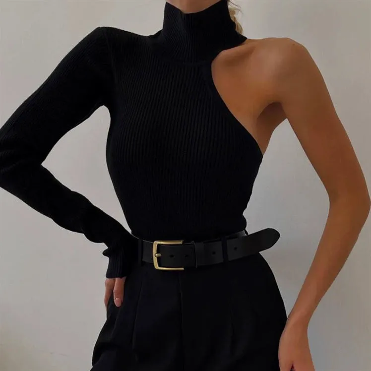 Trendy Black One Sleeve Turtleneck Blouse