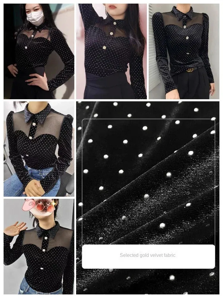 Trendy Black Polka Dot Velvet Mesh Blouse