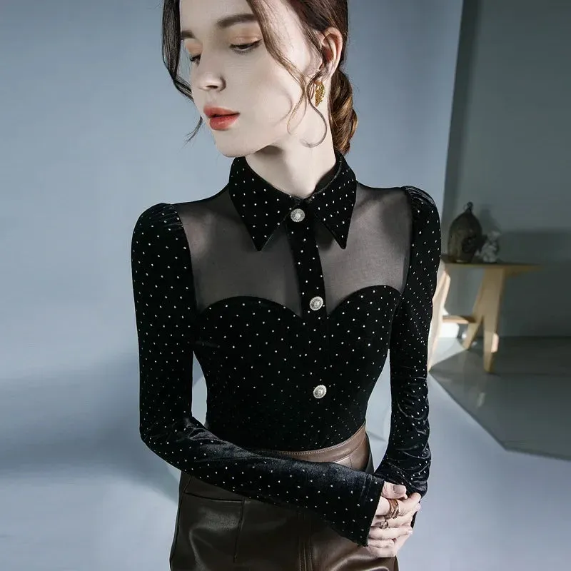 Trendy Black Polka Dot Velvet Mesh Blouse