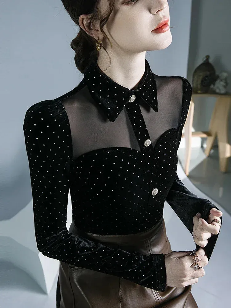 Trendy Black Polka Dot Velvet Mesh Blouse