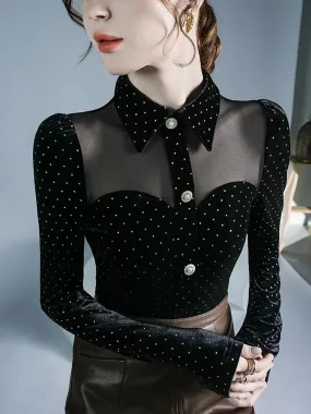 Trendy Black Polka Dot Velvet Mesh Blouse