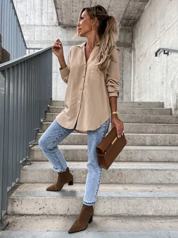 Trendy Long Sleeves Solid Color Lapel Collar Blouses