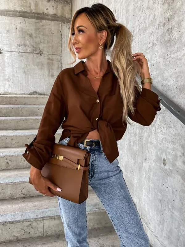 Trendy Long Sleeves Solid Color Lapel Collar Blouses