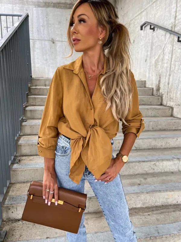 Trendy Long Sleeves Solid Color Lapel Collar Blouses