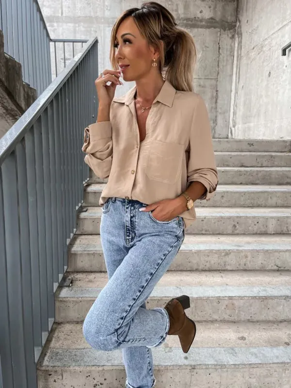 Trendy Long Sleeves Solid Color Lapel Collar Blouses