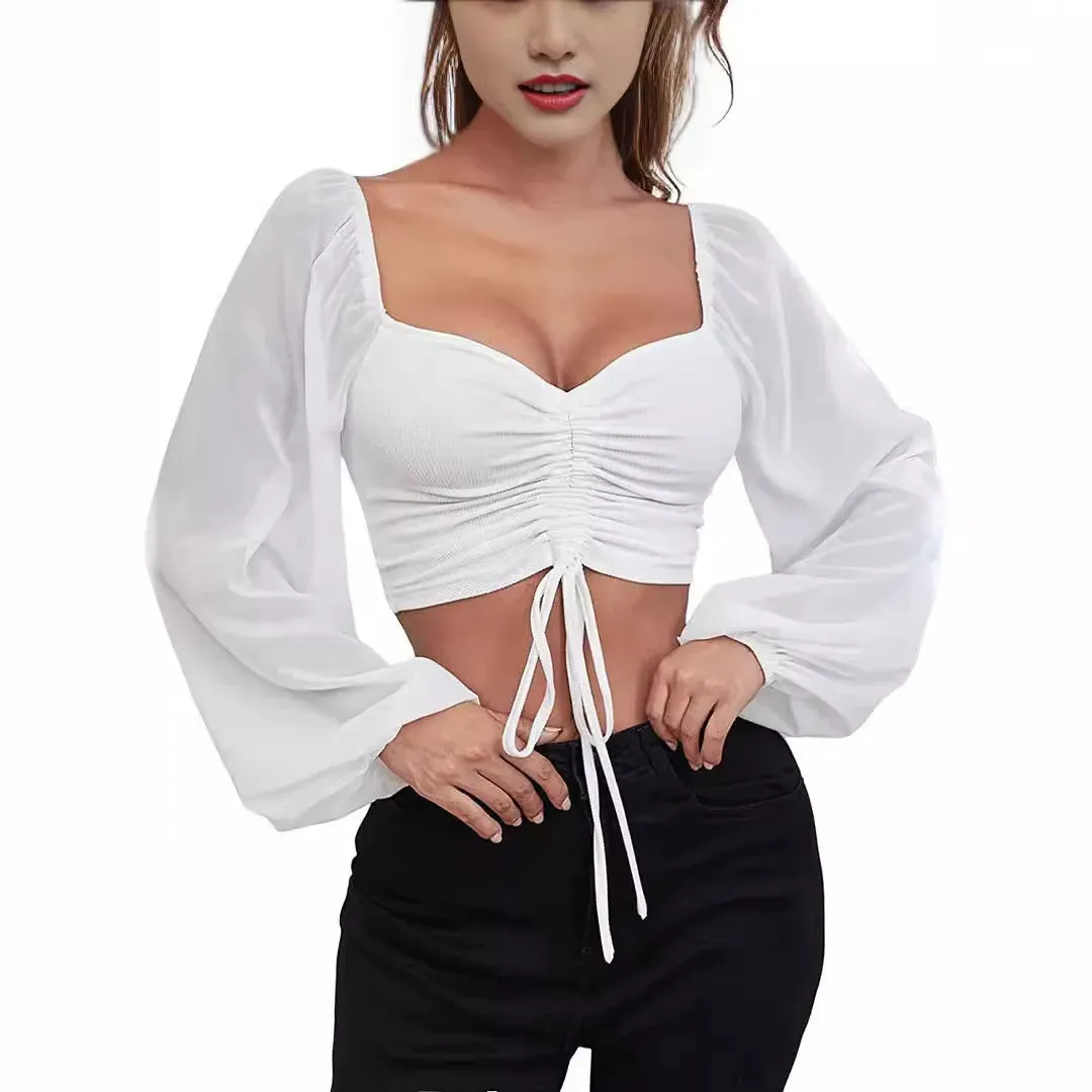 Trendy Mesh Lantern Drawstring Wrap Blouse