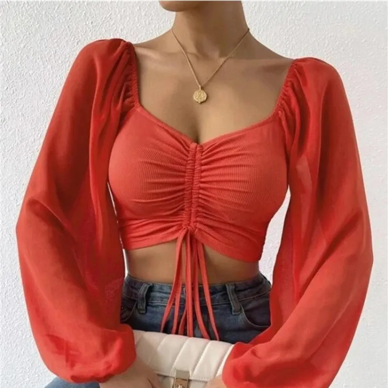 Trendy Mesh Lantern Drawstring Wrap Blouse