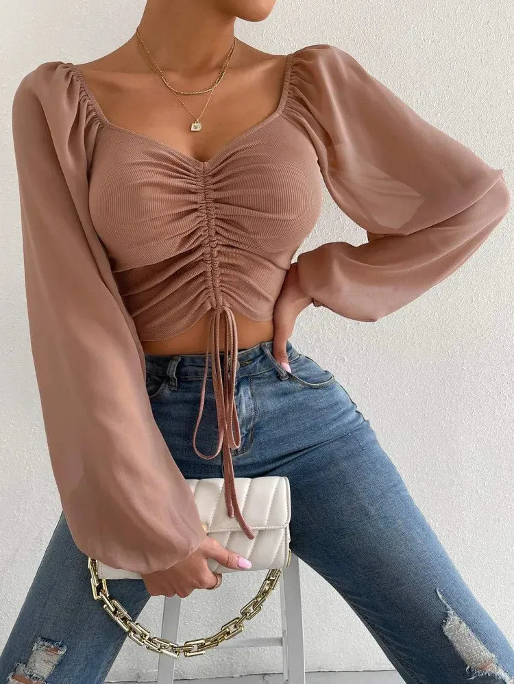 Trendy Mesh Lantern Drawstring Wrap Blouse