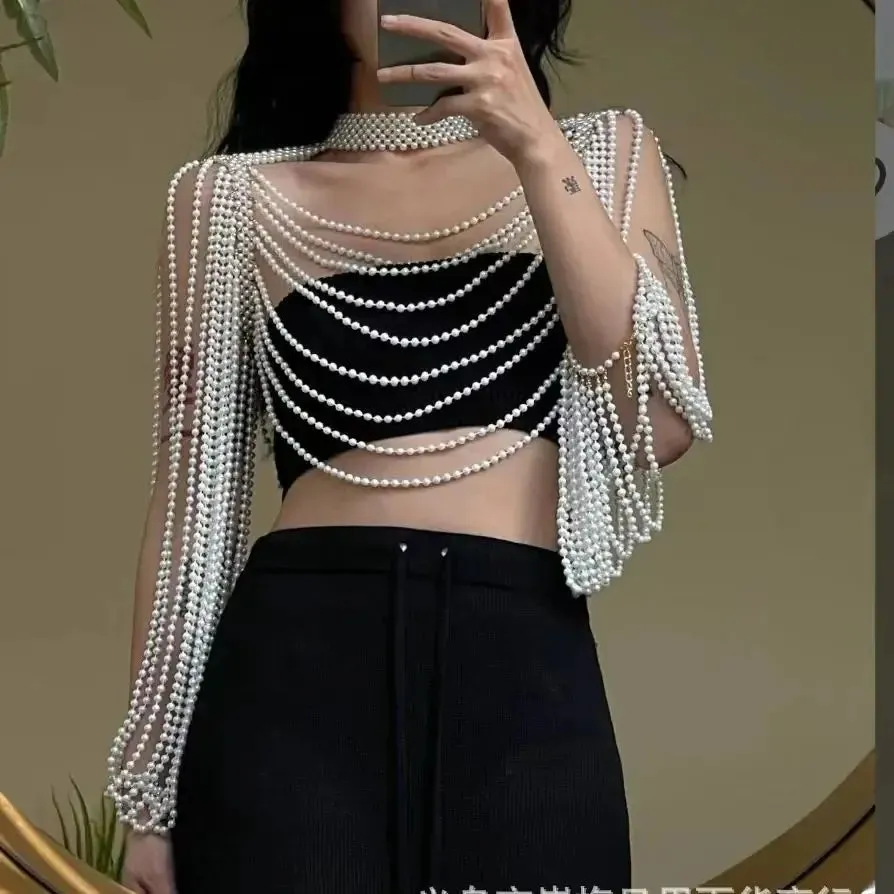 Trendy Pearl Body Chain Throw Over Blouse