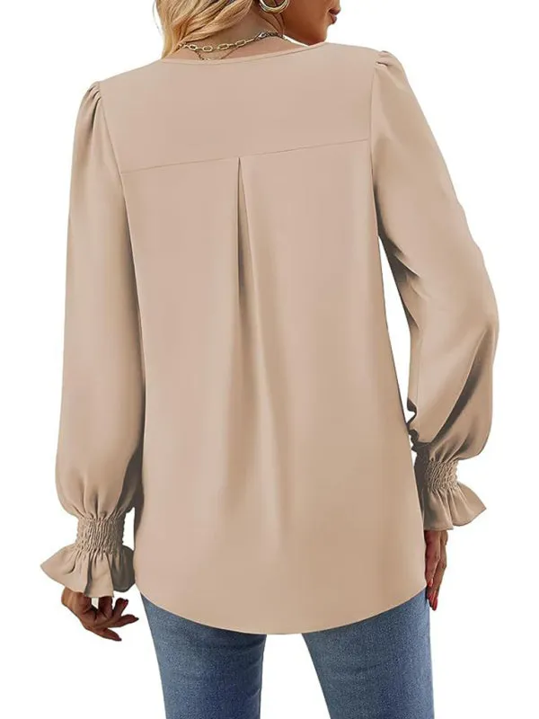 Trendy V-Neck Chiffon Blouse with Ruffle Cuffs