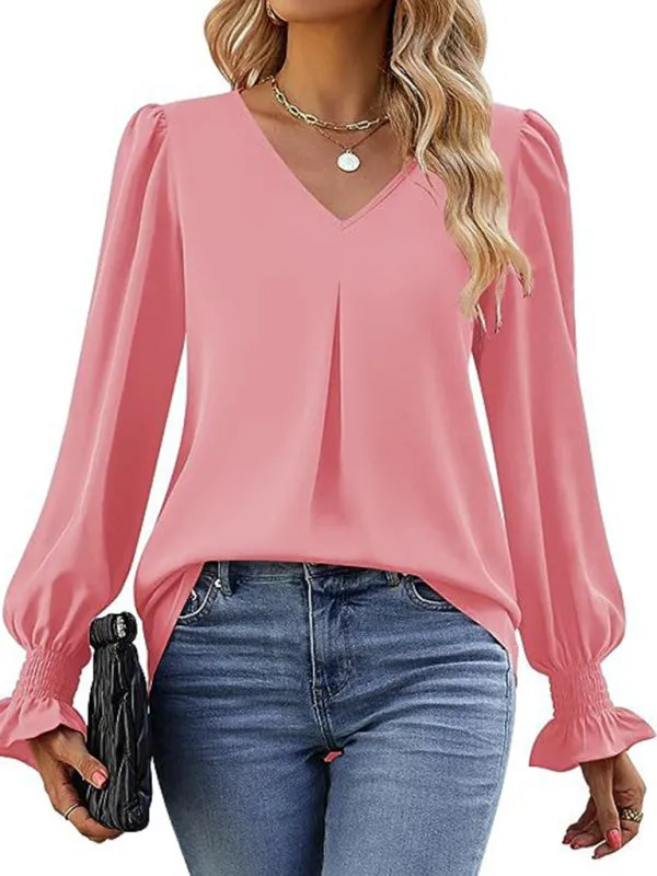 Trendy V-Neck Chiffon Blouse with Ruffle Cuffs