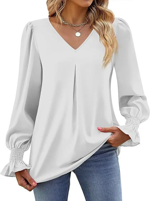 Trendy V-Neck Chiffon Blouse with Ruffle Cuffs