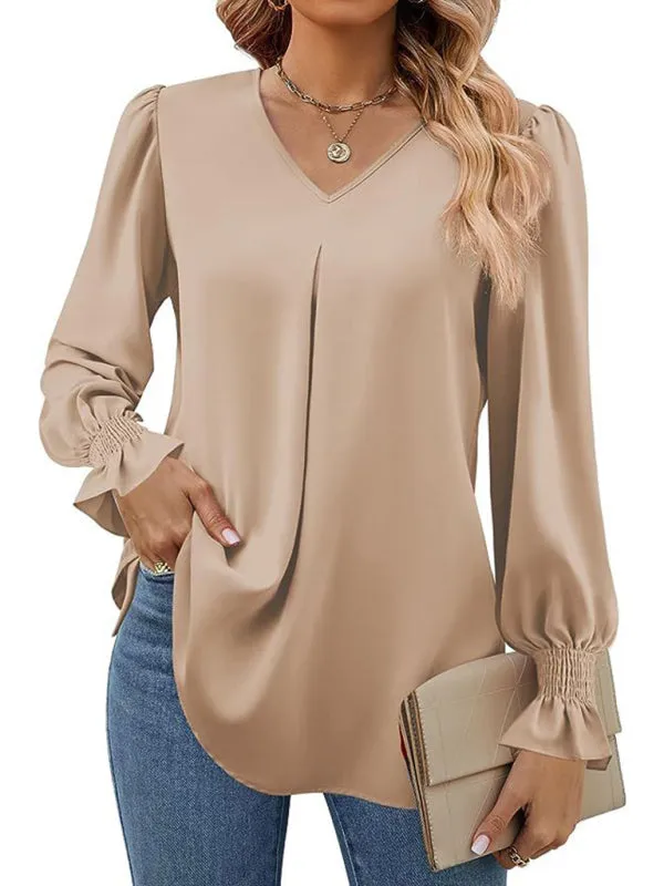 Trendy V-Neck Chiffon Blouse with Ruffle Cuffs